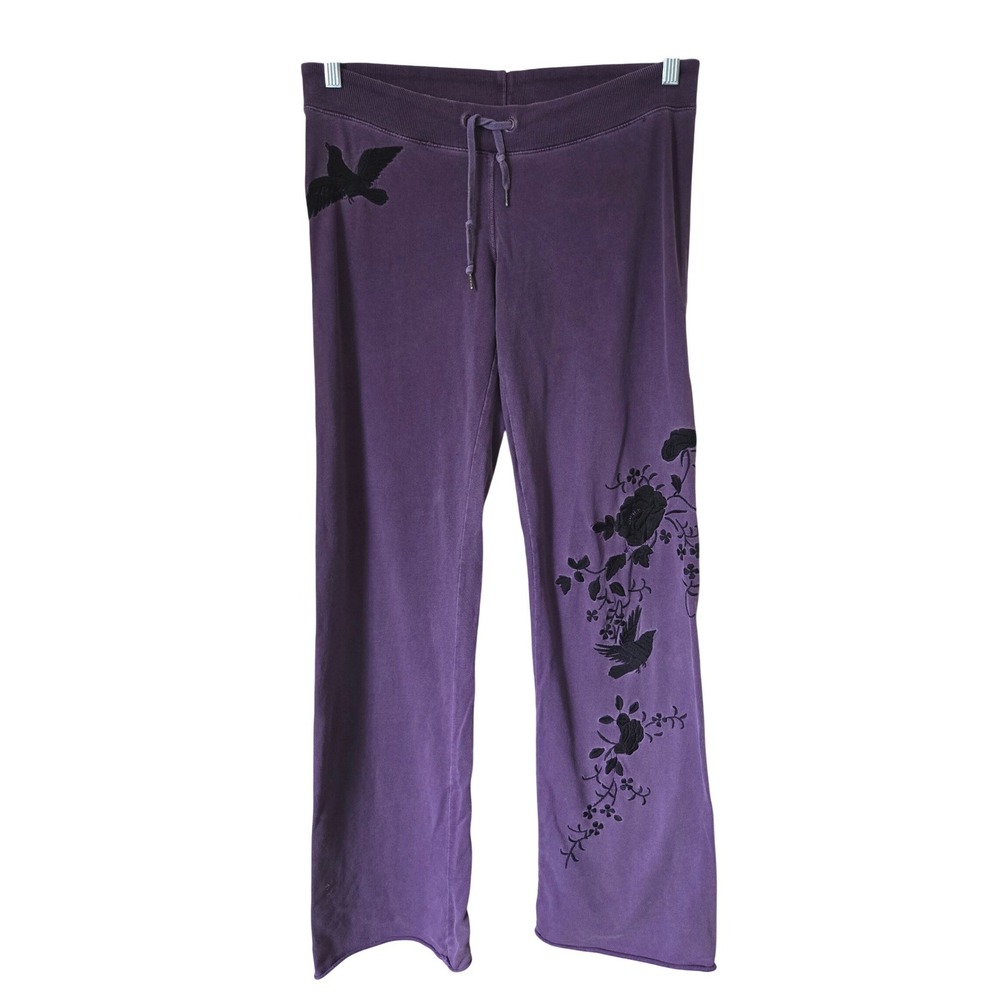 Y2K Vintage Lucky Brand Womens XS Sweatpants Embroidered Bird Flowers Bootcut